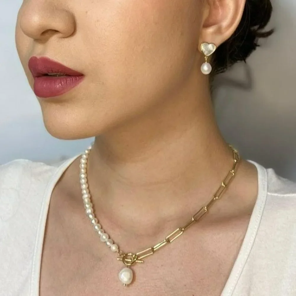 Gold Plated Cultured Baroque Freshwater Pearl‎ Pendant Necklace Toggle Clasp - Picture 5 of 9